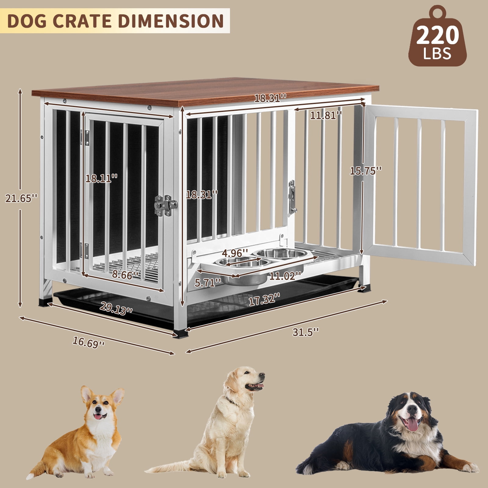 Ktaxon 31in Dog Crate Furniture with 360° Rotating Feeder & Removable Tray, Heavy Duty Pet End Table, Rustic Brown & White