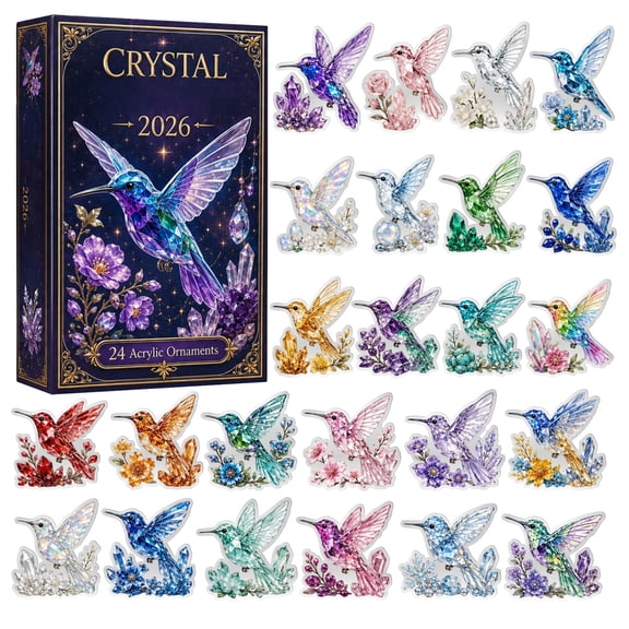 2026 Crystal Hummingbird Christmas Advent Calendar, 24 Days Xmas Countdown Gemstone Crystal Style Hummingbird 2D Acrylic Ornaments, Collectible Surprise Gift Box Stocking Stuffer for Bird Lovers