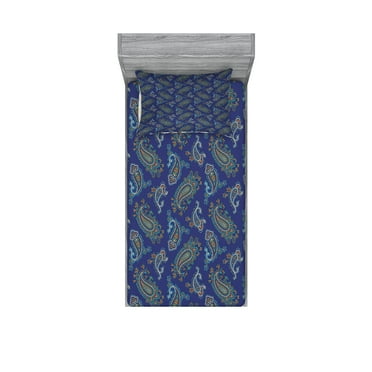 Ambesonne Floral Fitted Sheet & Pillow Sham Set, Droplet Motif, Twin, Dark Blue Green