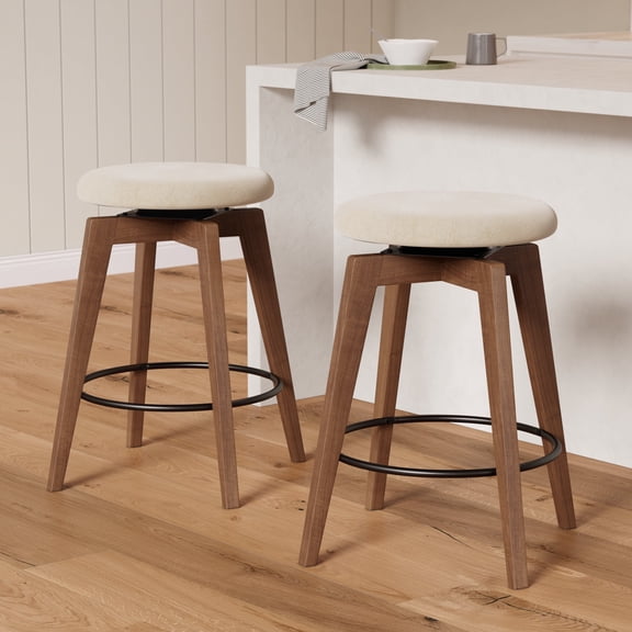 Joyyskill Swivel Barstools Set of 2, Backless Wooden Counter Height Barstools with Upholstered & Metal Footrest, Brown/Beige