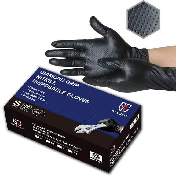 100pcs  GP Craft  8Mil Diamond Textured Black Nitrile Gloves (Automative Work) Cleaning Hand Cover