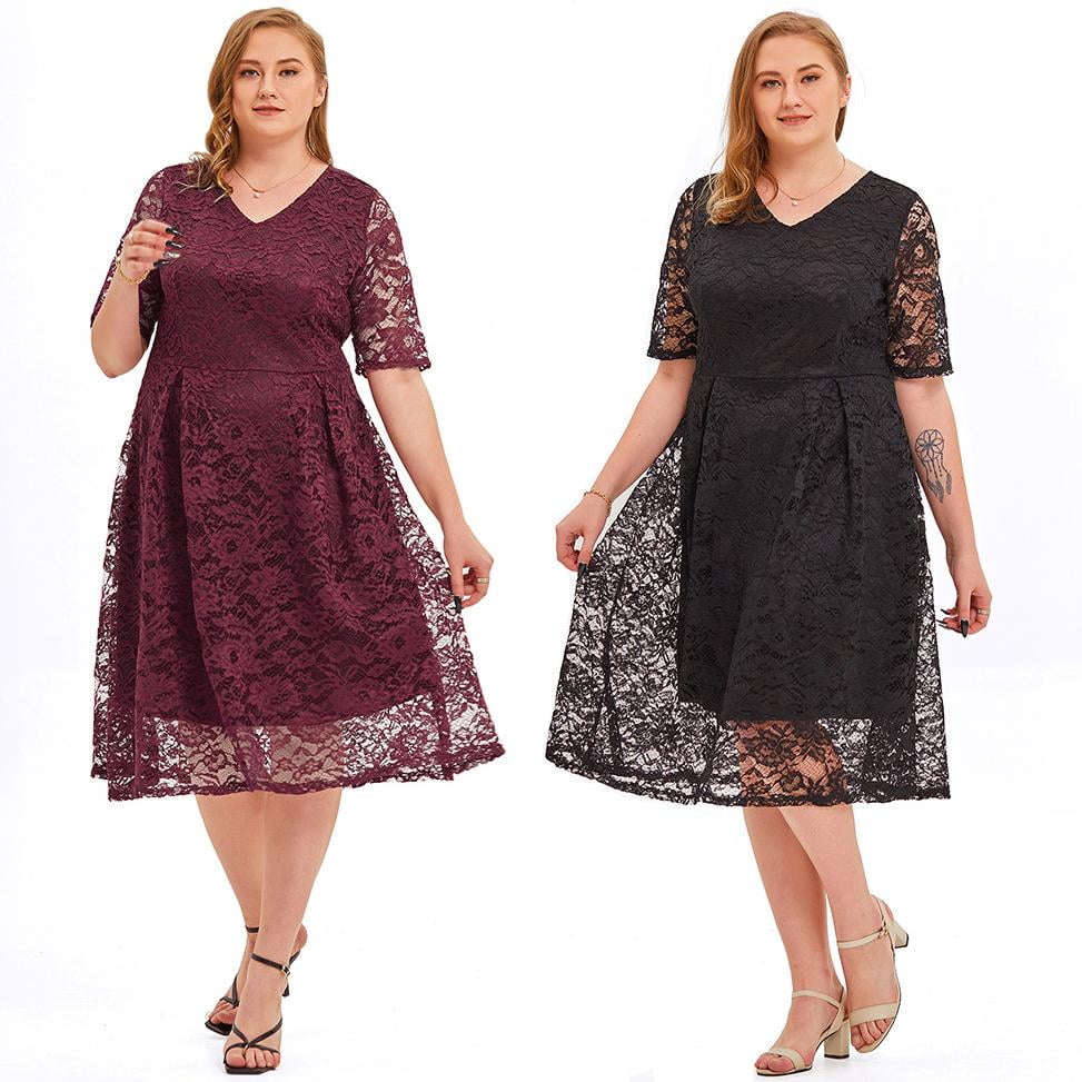 Women Plus Size Midi Skater Dress Floral Lace V Neck 1/2 Sleeve