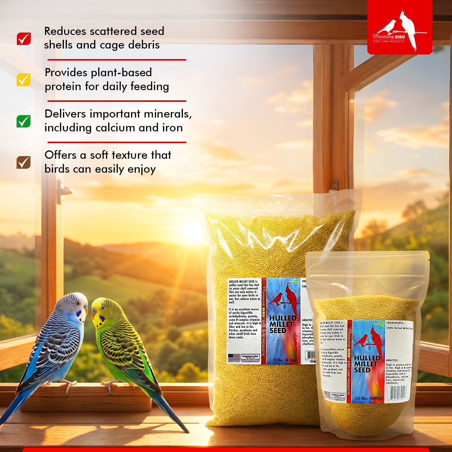 Morning Bird Hulled Millet 18 lbs (2-Pack, 9 lbs Each) – Bird Food for Parakeets, Finches & Canaries – Easy-to-Digest Millet Seed for Daily Nuupplements for Birds, Ideal Bird Feed for All Bird Types,