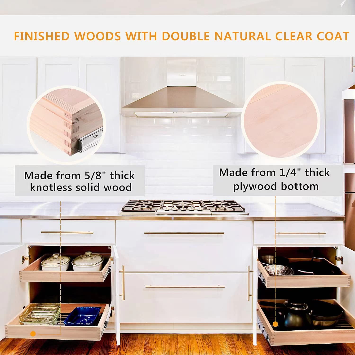 Pull Out Cabinet Drawer, 11”W x 21”D Soft Close Slide Out Wood Drawer Organizer for Kitchen, Finished, Bottom Assembly (Wood Drawer Part is Width 10'')