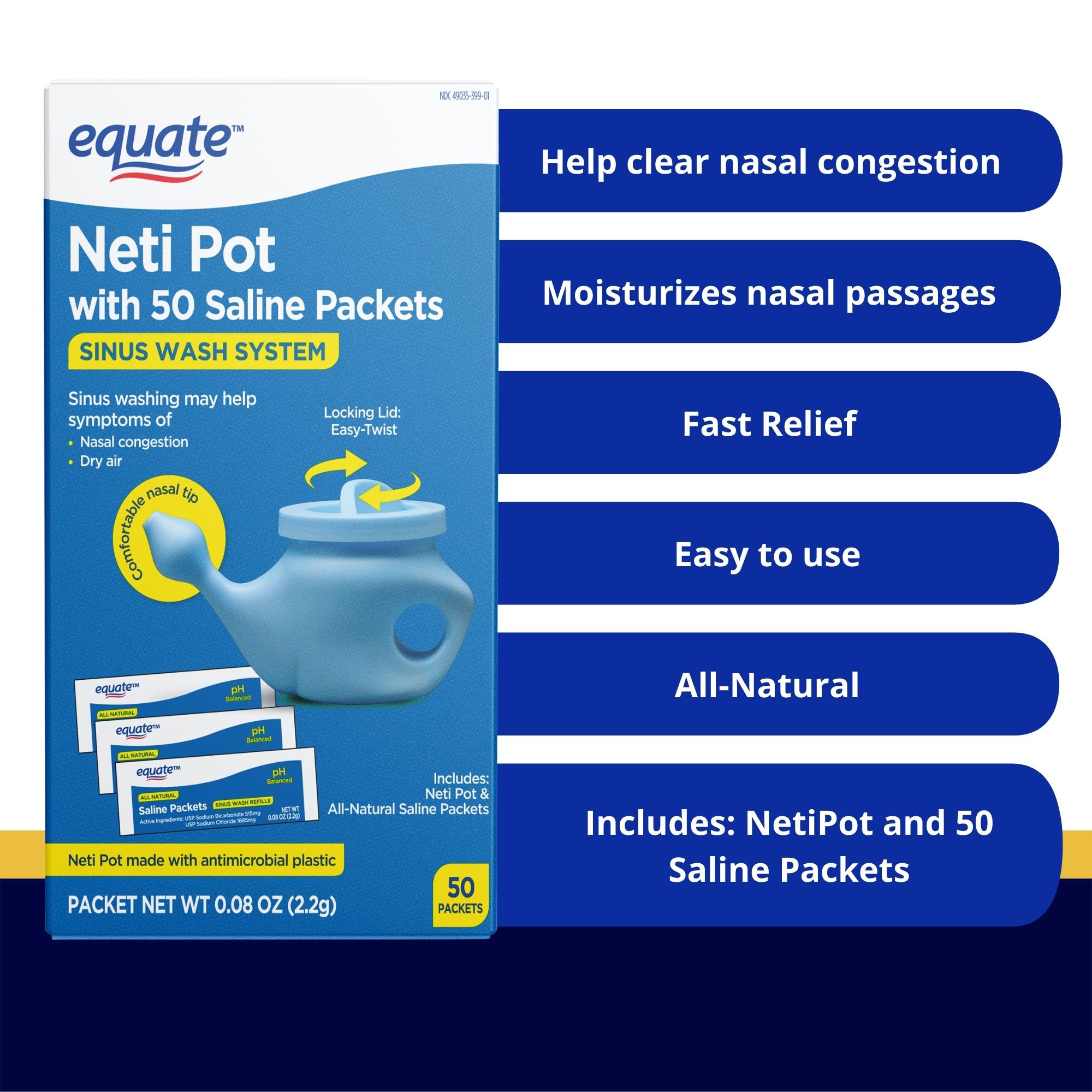 Equate Neti Pot with 50 Saline Packets Nasal Wash System for Sinus Congestion - Blue - image 2 of 10