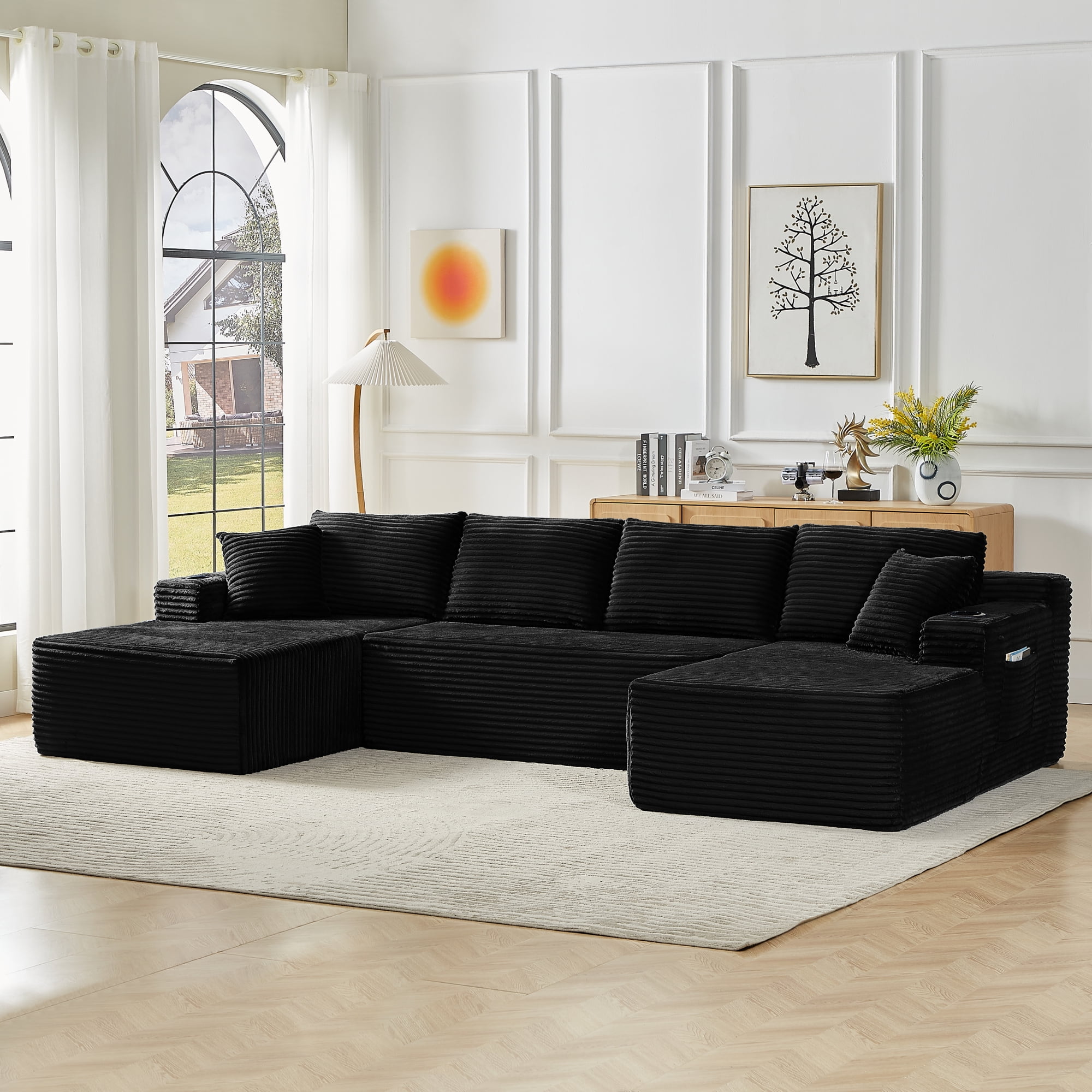 Leumius 133" Oversized Boneless Sectional Couches for Living Room,Modern Corduroy U Shaped Modular Sectional Sofa with Deep Seat,6-Seat Cloud Couch with Cupholders and Side Pockets,No Assembly,Black