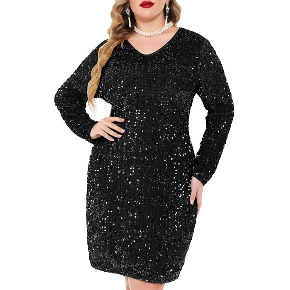 IN'VOLAND Womens Sequin Dress Plus Size V Neck Party Cocktail Sparkle Glitter Evening Stretchy Mini Bodycon Dresses Black