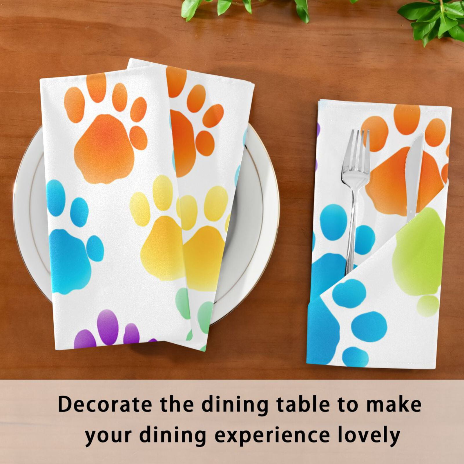 JSTEL Rainbow Dog Paw Prints Cloth Napkins Set of 6, 20x20 Inch Washable and Reusable Napkin for Decoupage Dinner Party Everyday Use