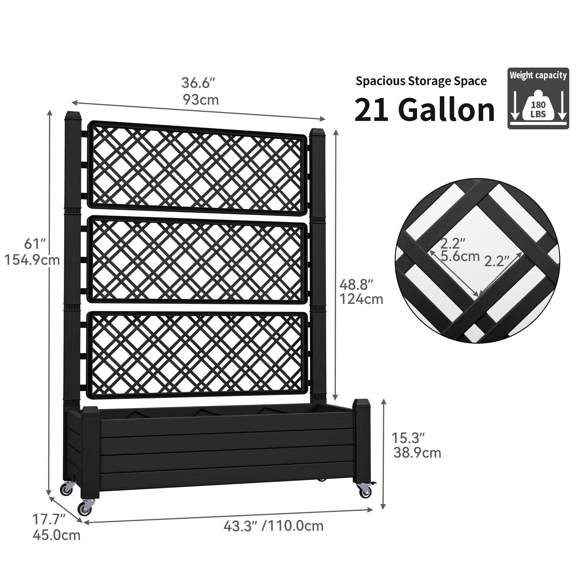 Dextrus 61'' Large Planter Box; Outdoor Raised Garden Bed with Trellis and Lockable Wheels,Ideal for Vines and Climbing Plants,with Drain Plug,43.3"L x 17.7"W x 61"H -Black
