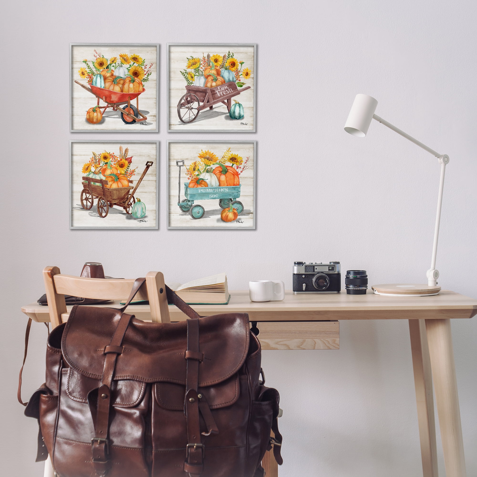 Stupell Industries Autumn Harvest Wagons Botanical & Floral Painting Gray Framed Art Prints Wall Art, 12 x 12, Set of 4