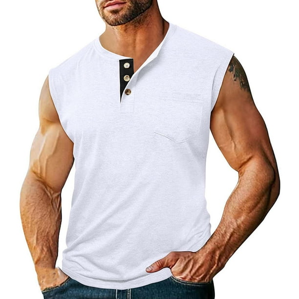 pstuiky Camiseta sin mangas para hombre, Camiseta sin mangas con cuello redondo, sin mangas, con bolsillos y botones, versátil, de color liso, a la moda para hombre Camisas de hombre m