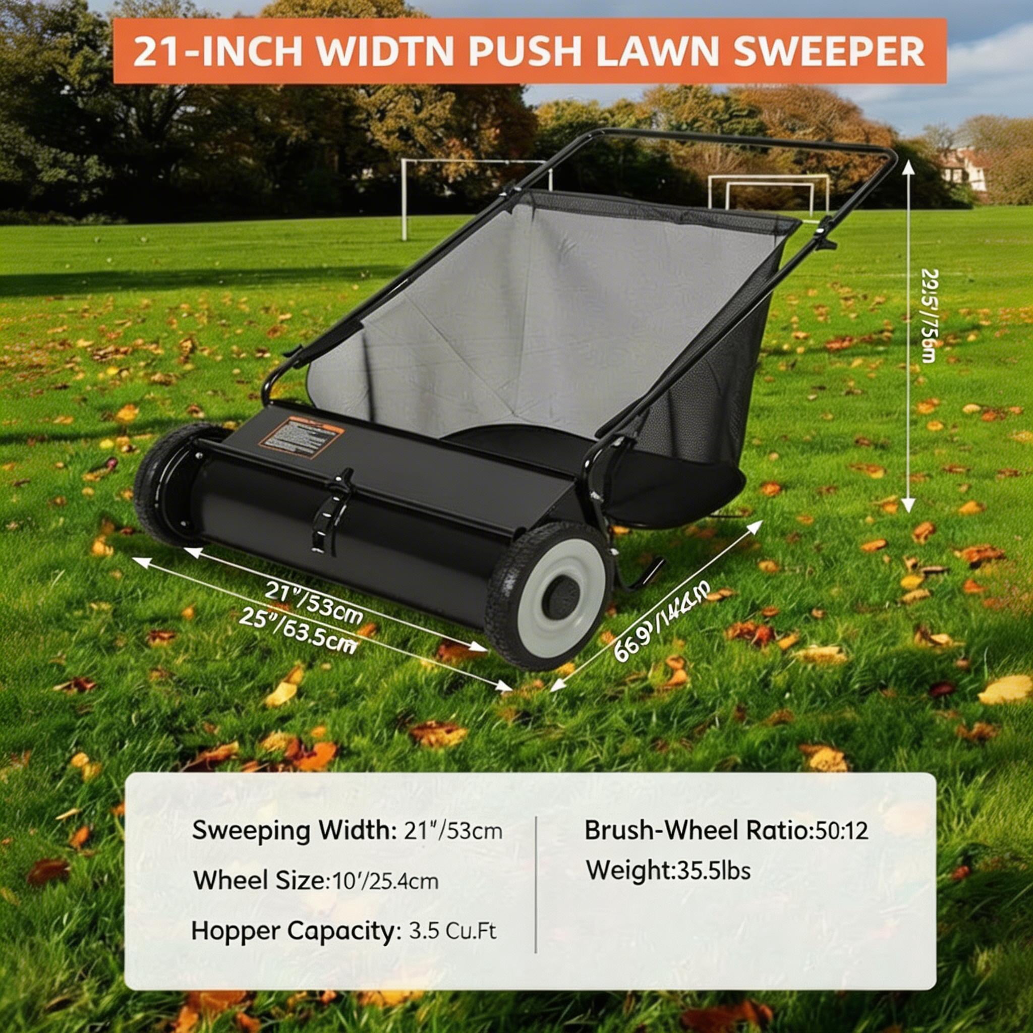 21 Inch Heavy Duty 4-Brush Push Lawn Sweeper, 3.5 Cu.Ft Large Collection Bag for Yard, Garden Cleanup