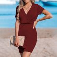 thumbnail image 1 of Puntoco Vestido De Manga Corta Con Cuello En V, Vestido De Verano Para Mujer Con Cuello En V Y Manga Corta De Color Sólido Rojo Xxl, 1 of 8