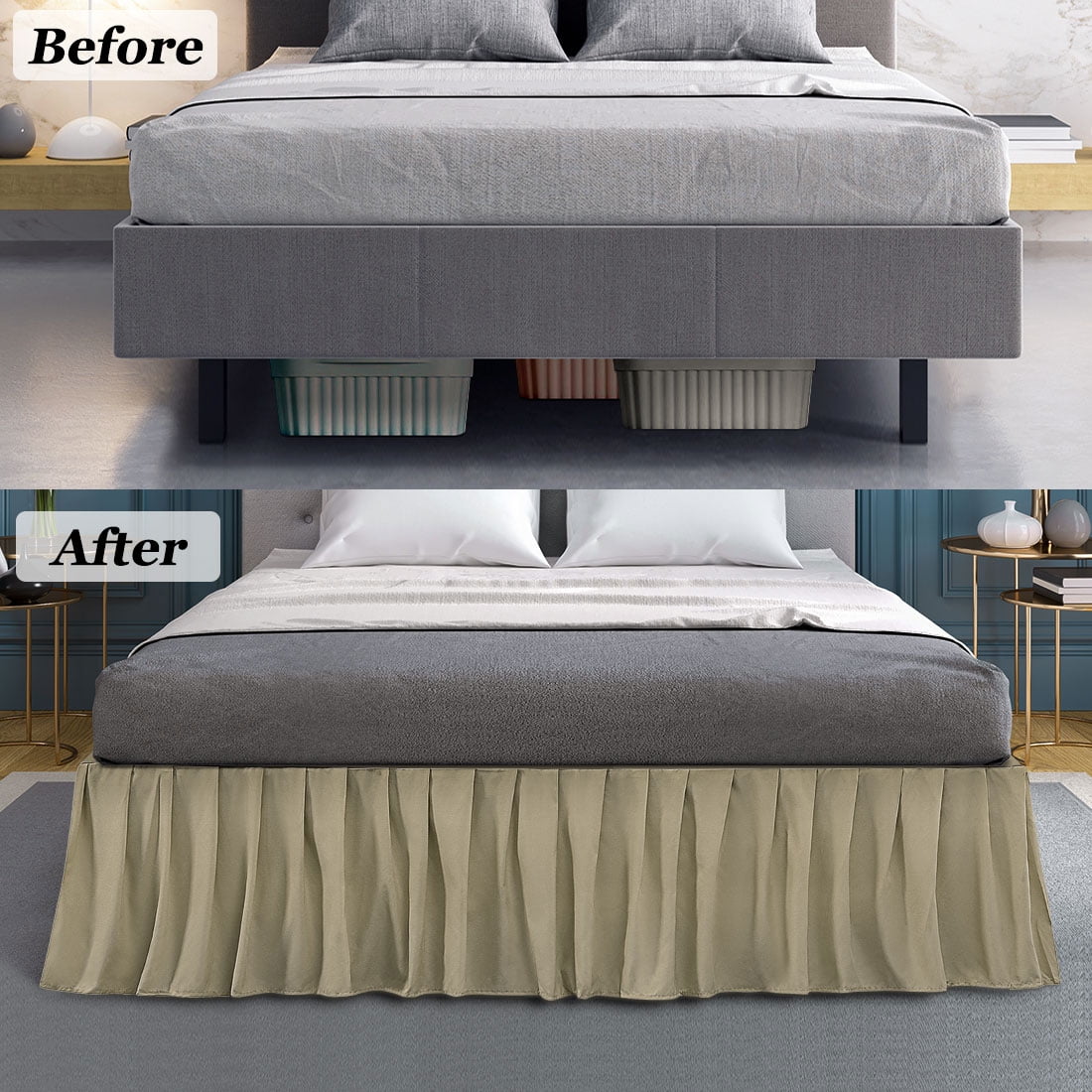 Unique Bargains Polyester Ruffled Bed Skirt with 16" Drop Full Khaki
