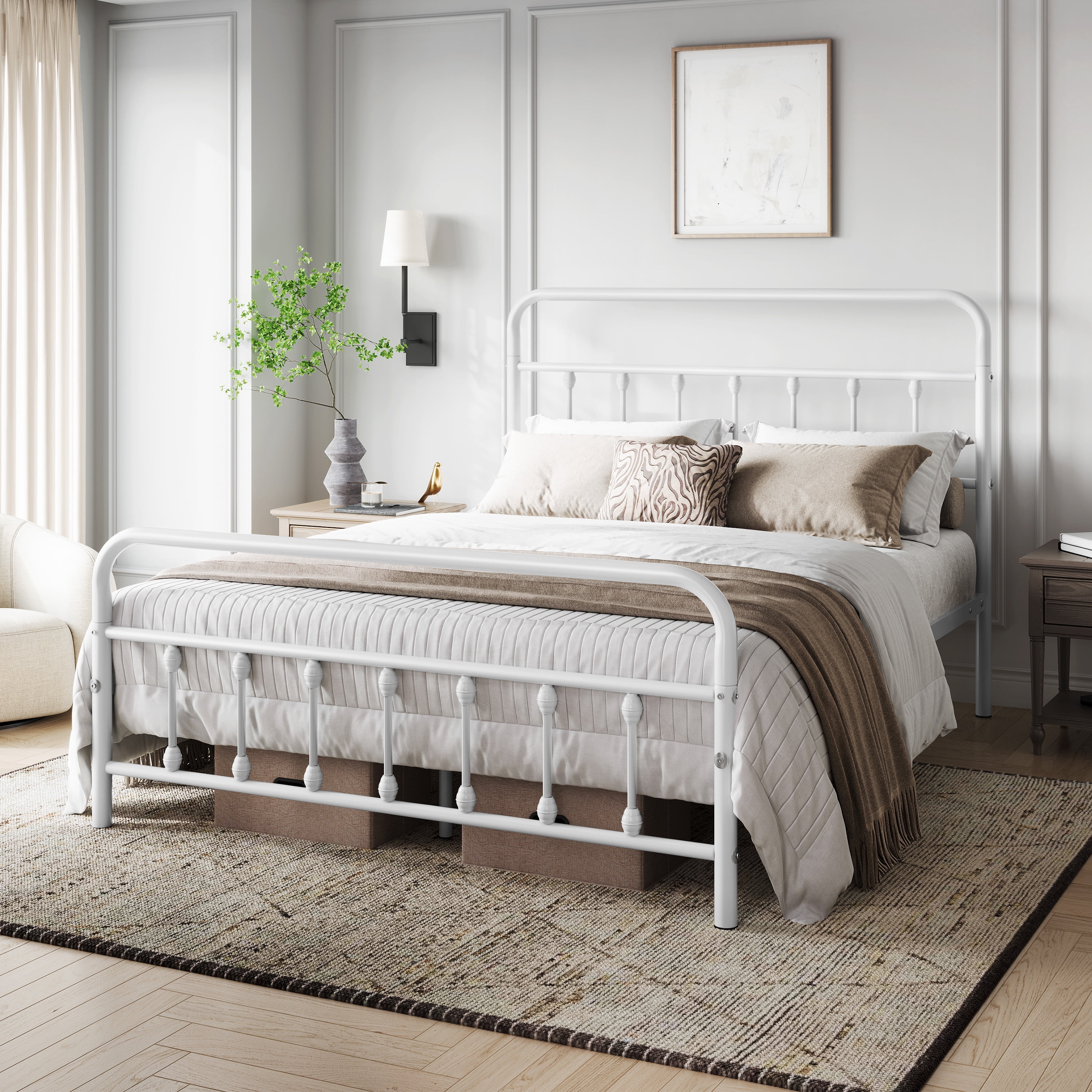Alden Design Queen Size Classic Iron Platform Bed with High Headboard and Footboard, White