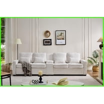 Modern Linen 4-Seat 114” Sofa with Console, Cupholders & USB Ports – Beige for Living Room