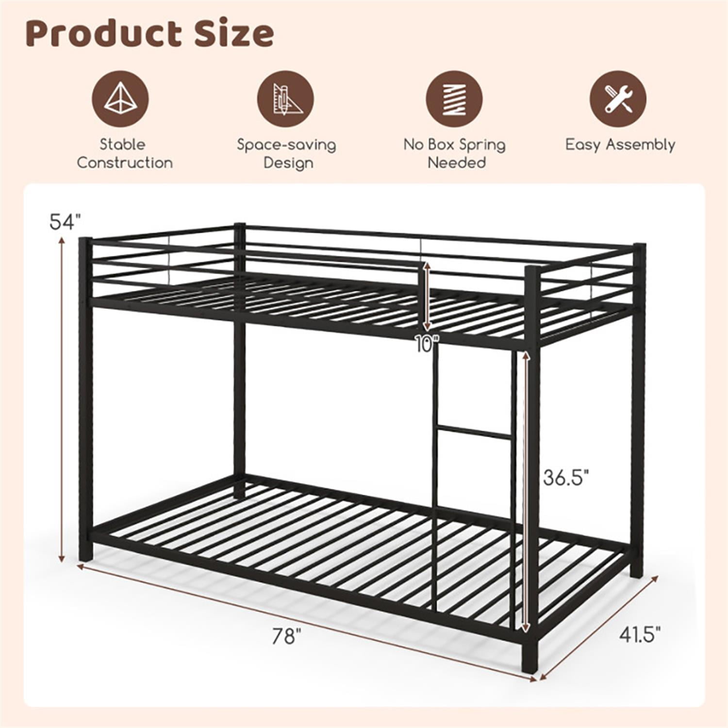Demi Bonn Low Profile Twin Over Twin Bunk Bed with Full-length Guardrails, Sturdy Metal Twin Bunk Beds, Bed Frame, Black