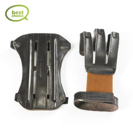 Finger Glove & Arm Guard for Adults Leather Archery Protector with Three Fingers 2-Strap Design for Traditonal recurve