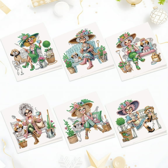 6pcs Diamond Painting Kit Greeting Card, Fashionable Woman Puppy 5D DIY Diamond Handmade Holiday Greeting Card with Envelope, Christmas Gift Congratulation