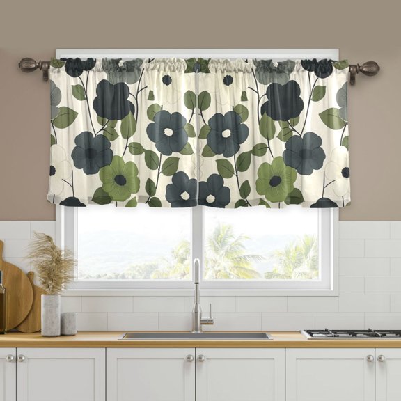 Yayeee Kitchen Curtains Tier Set of 2 Light Filtering 57"x24" Over Sink Window Panels, Navy Flower