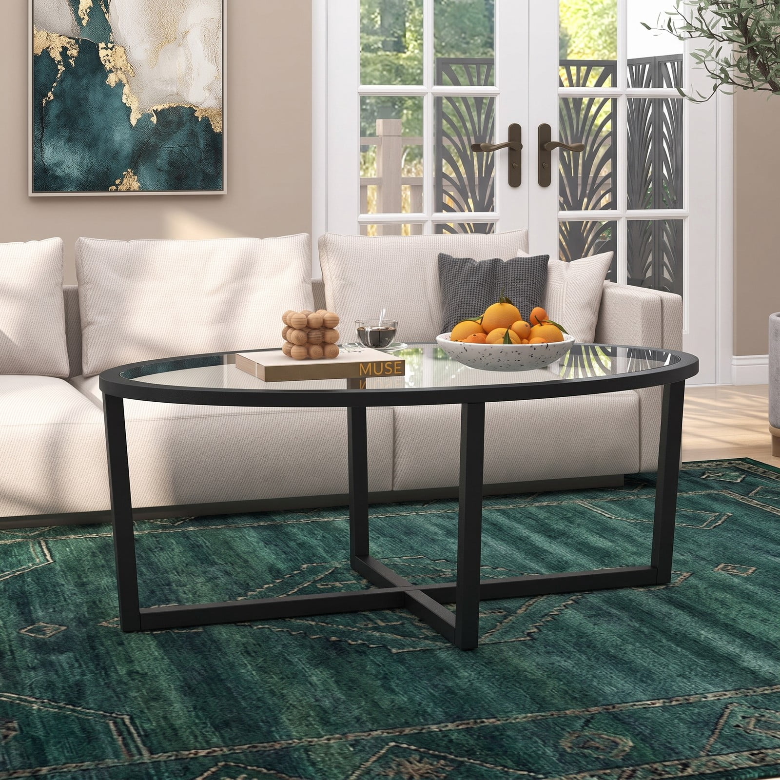 Furnibear Oval Glass Coffee Table, Living Room Center Table with Tempered Glass Top, Cross Base and Solid Acacia Wood Legs, 110 lbs Capacity Accent Sofa Side, Black