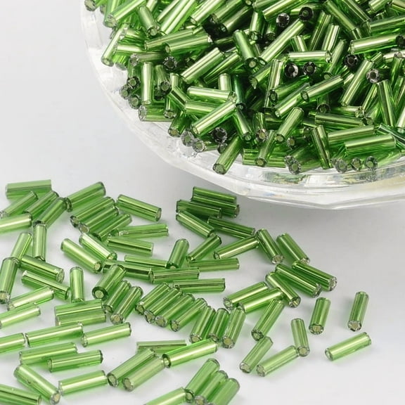 Glass Bugle Beads Silver Lined Lime Green 6~8x1.8mm Hole: 0.6mm 1250pcs/50g
