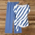 thumbnail image 5 of Women's 2 Piece Casual Outfit Diagonal Striped Asymmetrical Short Sleeve Top with Solid Color Elastic Waist Wide Leg Pants Breathable Daily Matching Set Blue M(M), 5 of 5