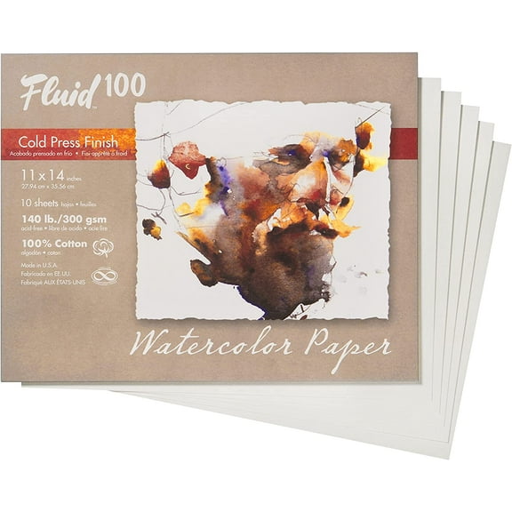 Speedball Fluid 100 Artist Watercolor Paper, 140 lb (300 GSM) 100% Cotton Cold Press for Watercolor Painting and Wet Media, 11 x 14 Pochette, 10 Sheets