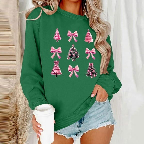Craaazy Christmas Long Sleeve Shirts For Women Christmas Tree and Bow Cute Xmas Shirts Round Neck Sweatshirt Santa Pullover Snowman Sweatshirts Womens Tops