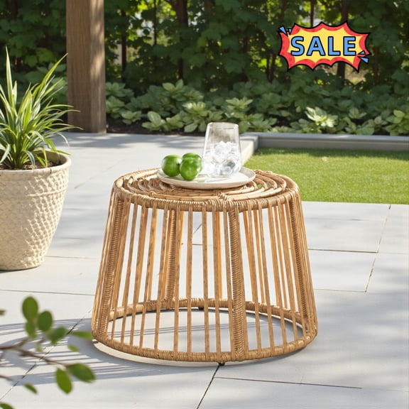 Tcbosik Rattan End Table, 20 Inch Round Side Table, Accent Table for Balcony, Patio, Garden, Deck, Backyard, Light Brown