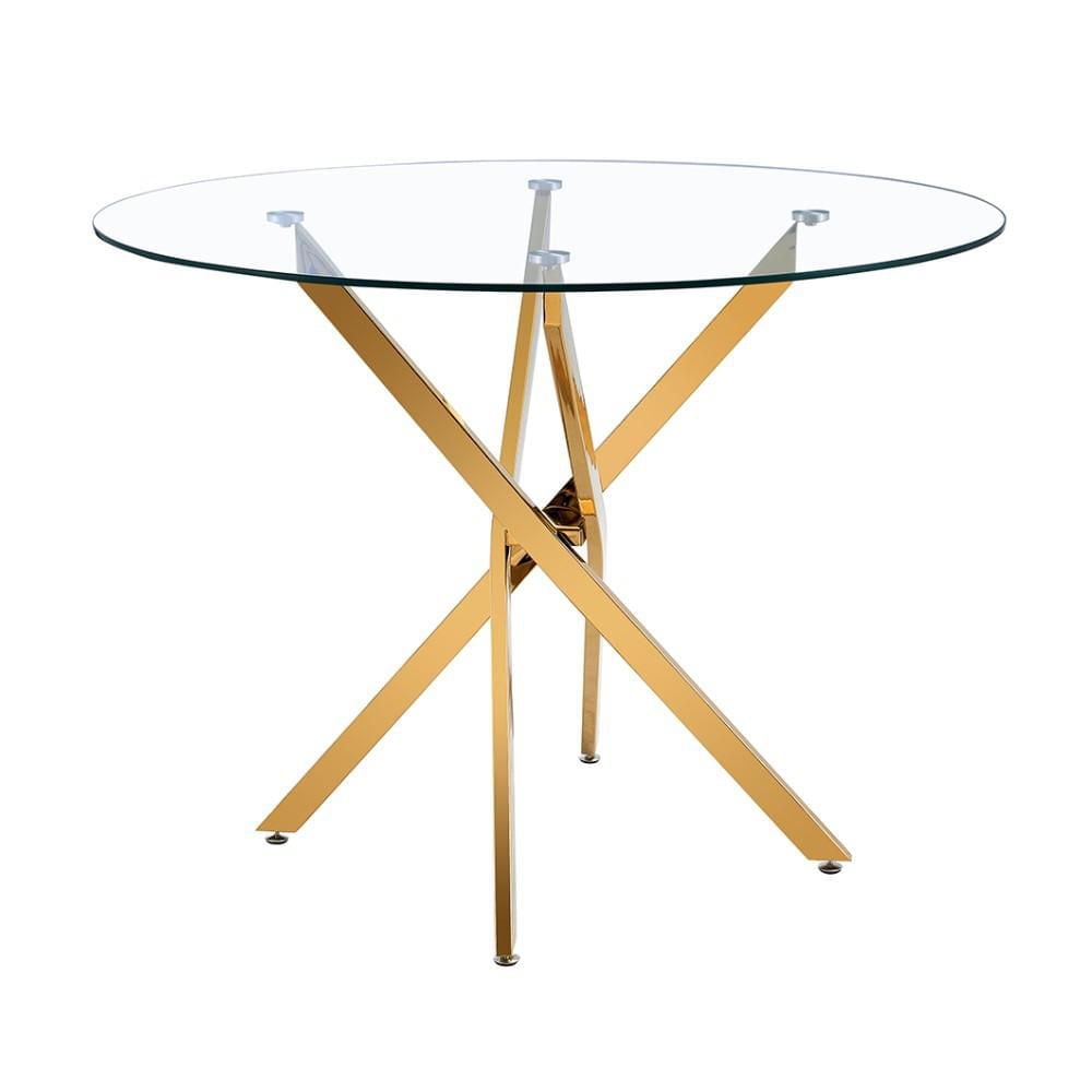Table de salle à manger Diva Glass Star avec plateau en verre trempé et base en acier inoxydable doré poli – Élégamment conçue avec une base unique inspirée des étoiles, parfaitement dimensionnée pour