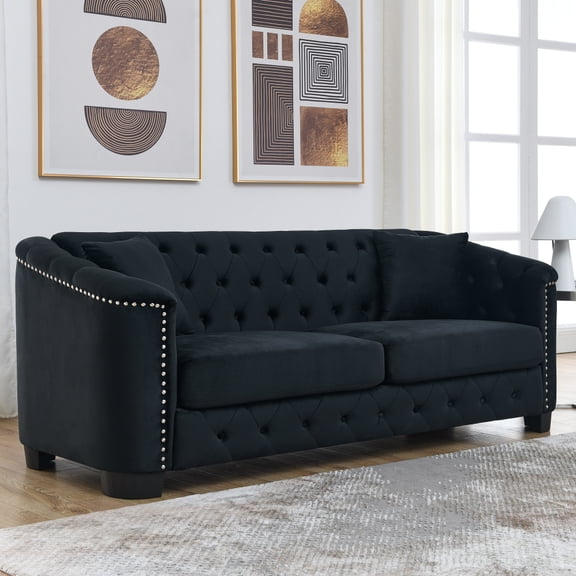 77" Tufted Chesterfield Sofa, 3-Seater Velvet Couch with Nailhead Arms, Black
