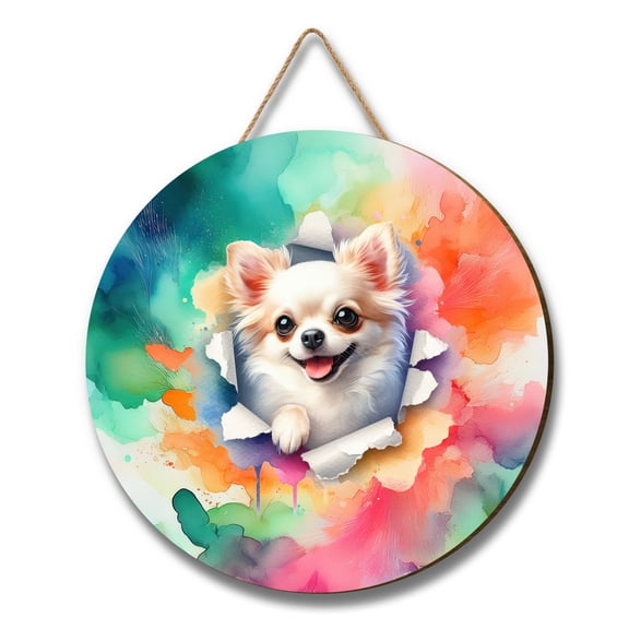 Funny Watercolor Adorable Chihuahua Peeking Through Torn Paper Effect Round Wood Sign Dog Lover Gifts Idea Hanging Wall Home Decor - 00026