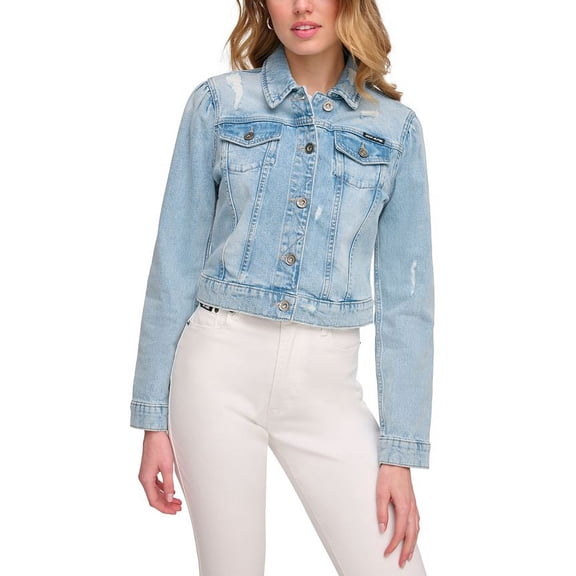 DKNY Women's Puff Sleeve Distressed Denim Jacket Blue Size X-Small
