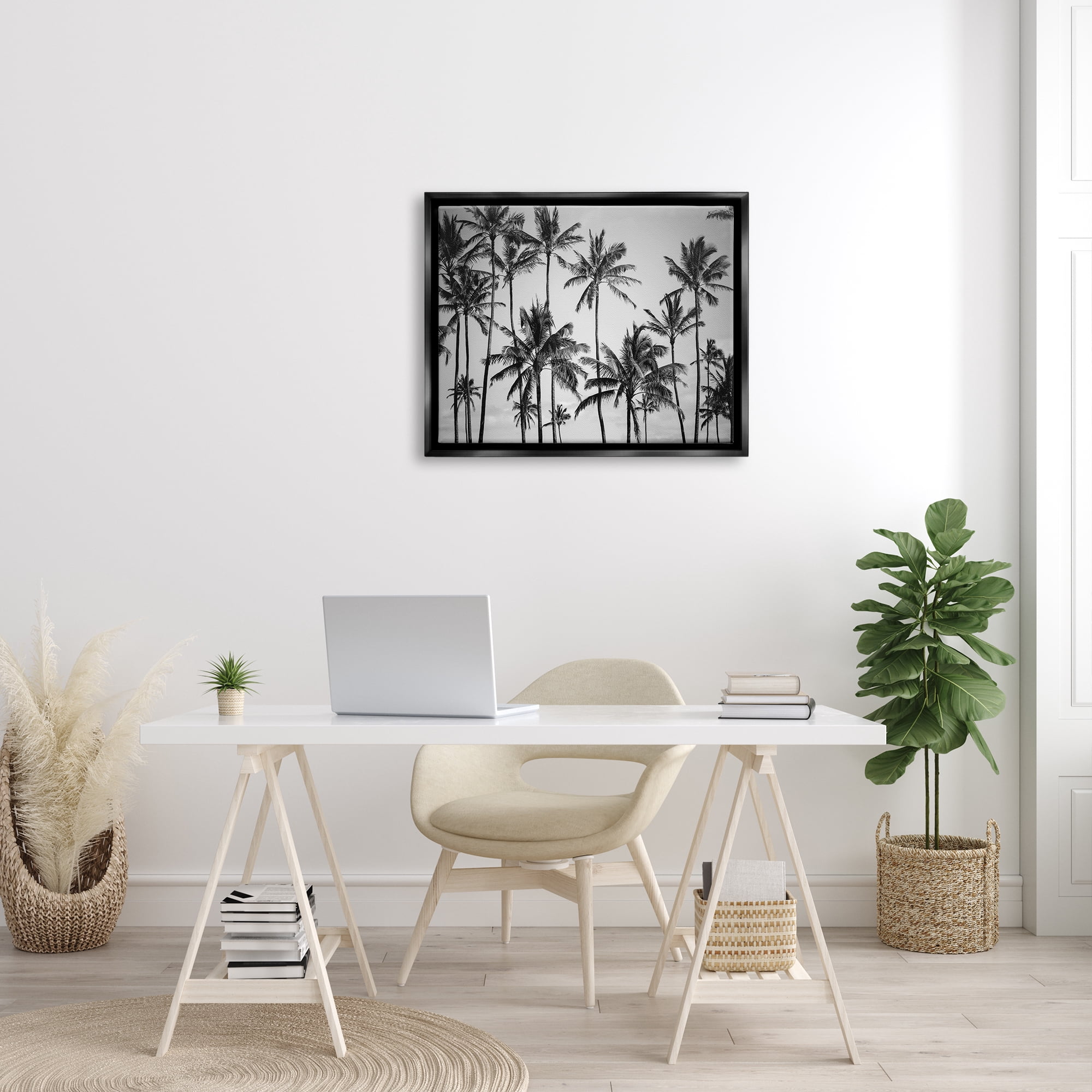 Stupell Industries Palm Trees Skyline Black and White Photography Jet Black Framed Floating Canvas Wall Art, 24x30, by Design Fabrikken