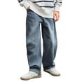 thumbnail image 2 of Boys Wide Leg Baggy Jeans Y2k Casual Fashion Loose Denim Pants,Classic Solid Color Denim Jeans,Comfortable Stretch Fit Casual Trousers With Reinforced Knees Durable(Blue,11_12 Years), 2 of 5