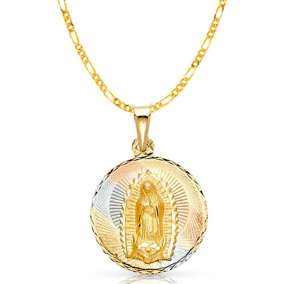 14K Tri Color Gold Diamond Cut Our Lady of Guadalupe Stamp Charm Pendant with 1.9mm Figaro 3 1 Chain Necklace