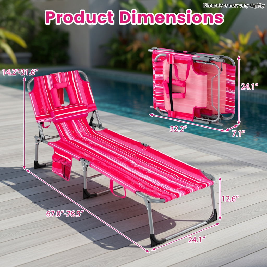 Hommoo Foldable Tanning Chair with Face & Arm Holes, Lightweight Portable Beach Chair for Pool, Patio, and Outdoor Use, Pink Stripe