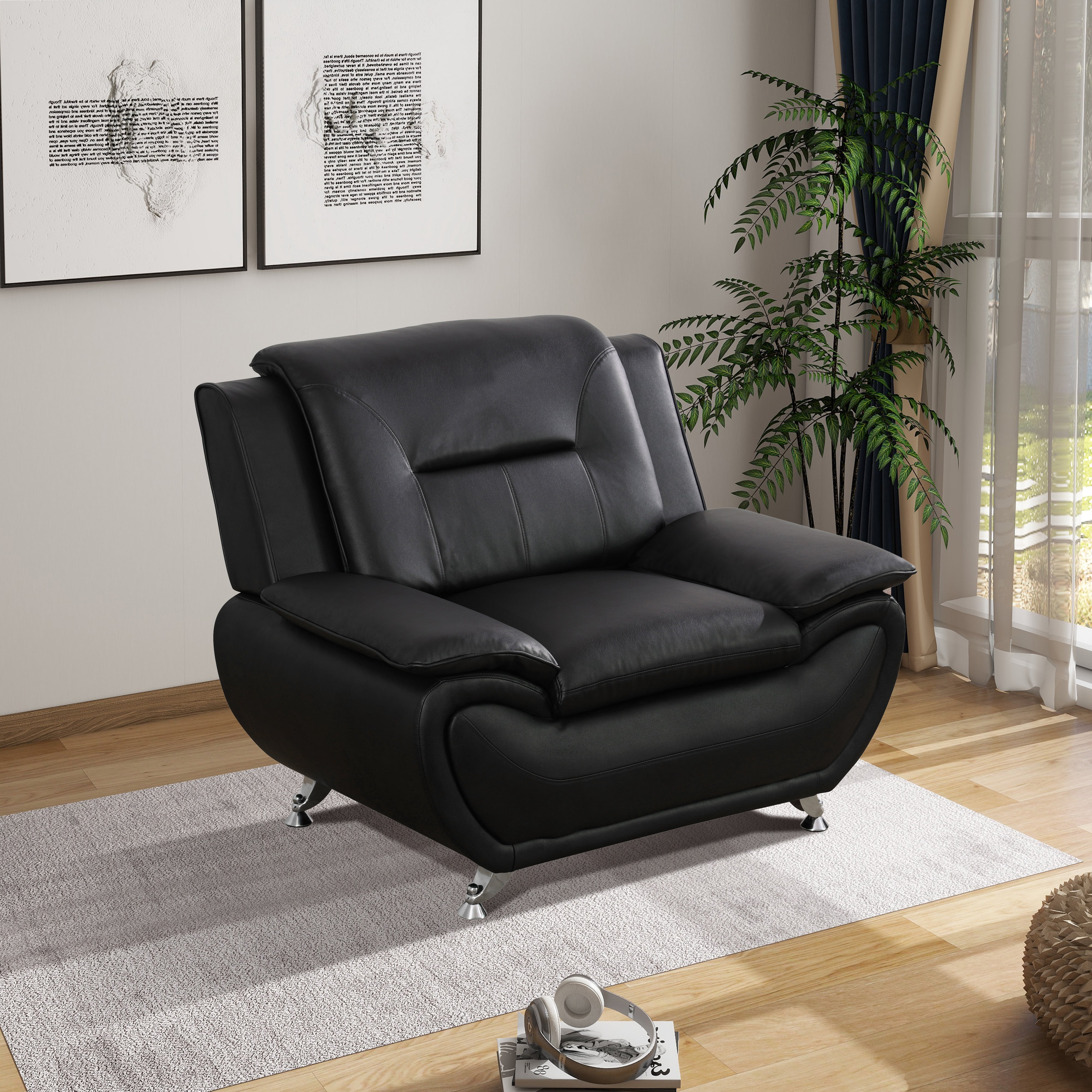 Gewnee Single Sofa, 46" Sofa Chair,Breathable Faux Leather Upholstery, Solid Wood Frame Living Room Lounge Accent Chair ，Black