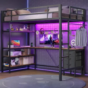 White Loft Beds with L-Shaped Desks and 4-Tier Storage Shelves, Metal Loft Beds Twin Size with LED Lights & 4 Drawers, Cloth Rail, DIY Pegboard, Small Bedroom loft beds for teen girl