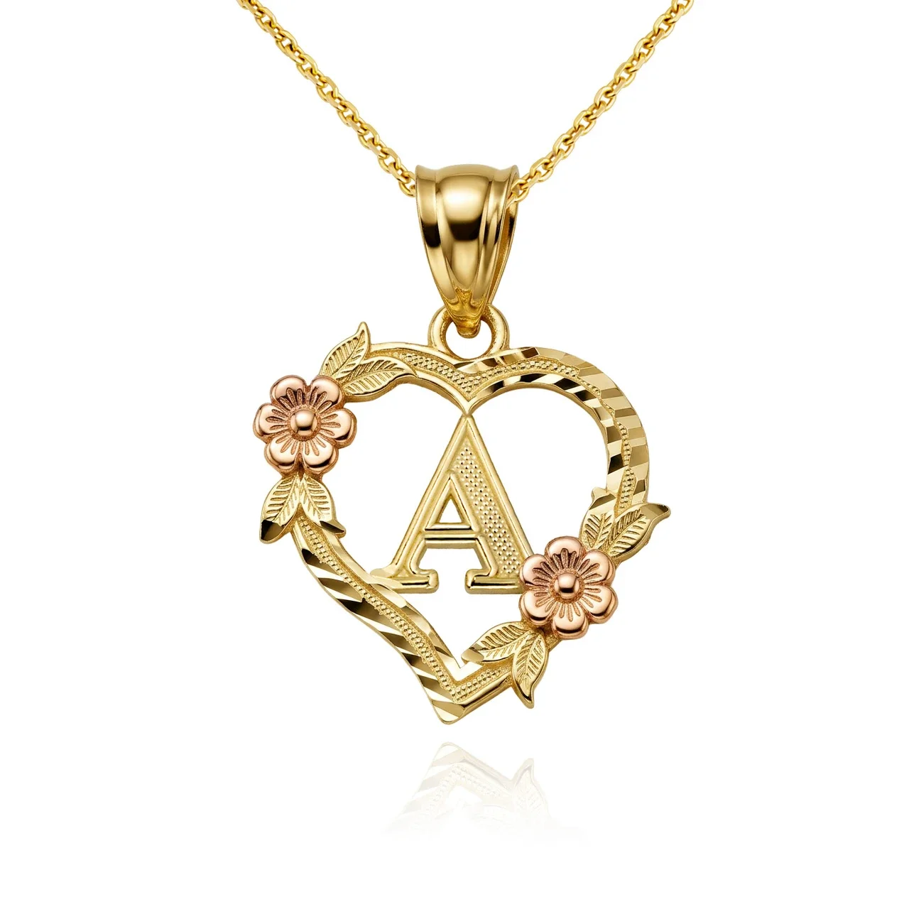 10K TWO-TONED (Yellow and Rose) Gold Letter Initial Flower Heart Monogram Pendant and Necklace A (16 INCHES)