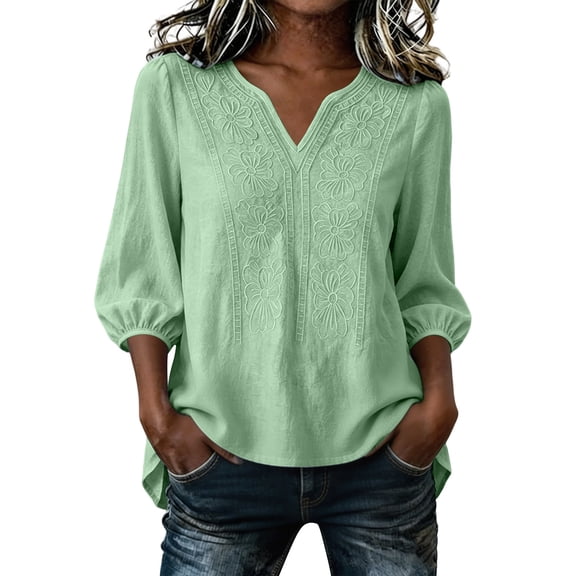ClodeEU Women's V Neck 3/4 Sleeve Puff Sleeve Loose Blouse,Solid Color Casual Summer Top a-Green,Women's Plus L