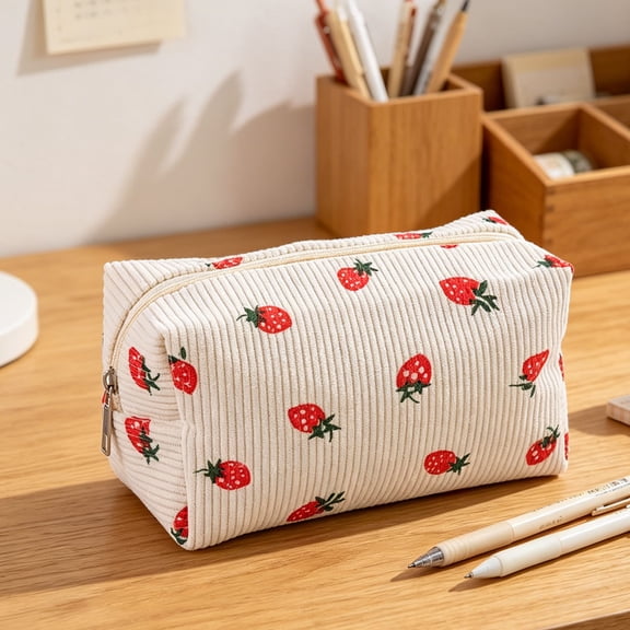 Strawberry Pencil Bag, INS Style Large Capacity Pouch, Cute Stationery Organizer for Office Travel, Fresh Beige Zipper Makeup Case