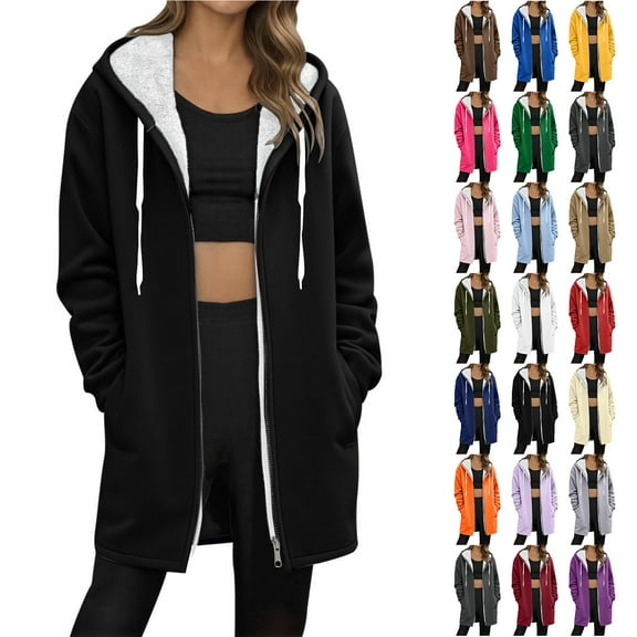 Otntypg Full Zip Up Hoodies for Women Sherpa Fleece Jackets Long Warm Hoodie Womens Drawstring Hooded Tunic Sweatshirt Winter Trench Coats with Pockets Beige L