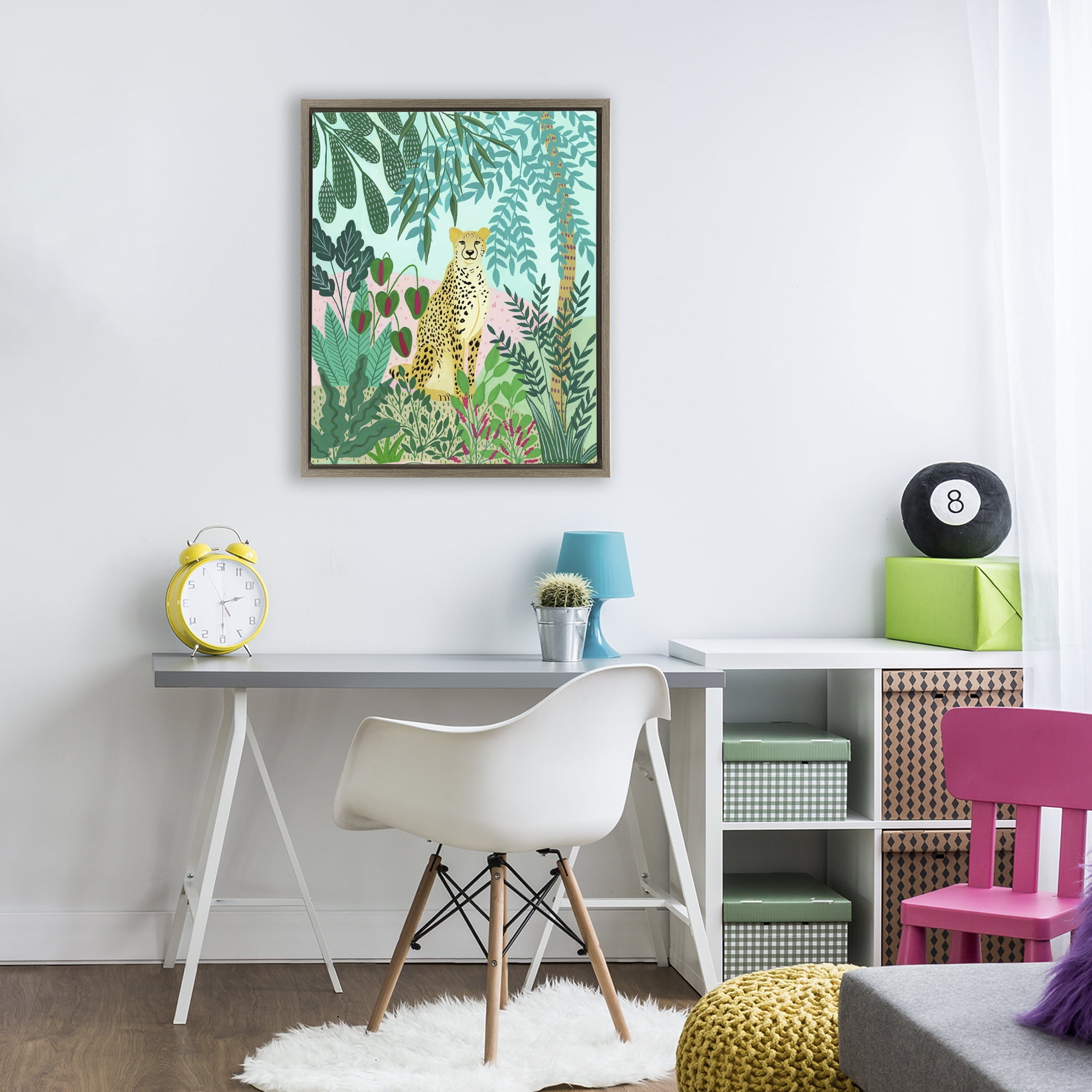 Stoic Leopard Tropical Forest Brown Framed Floater Canvas Wall Art, design by Nabeela Rumi