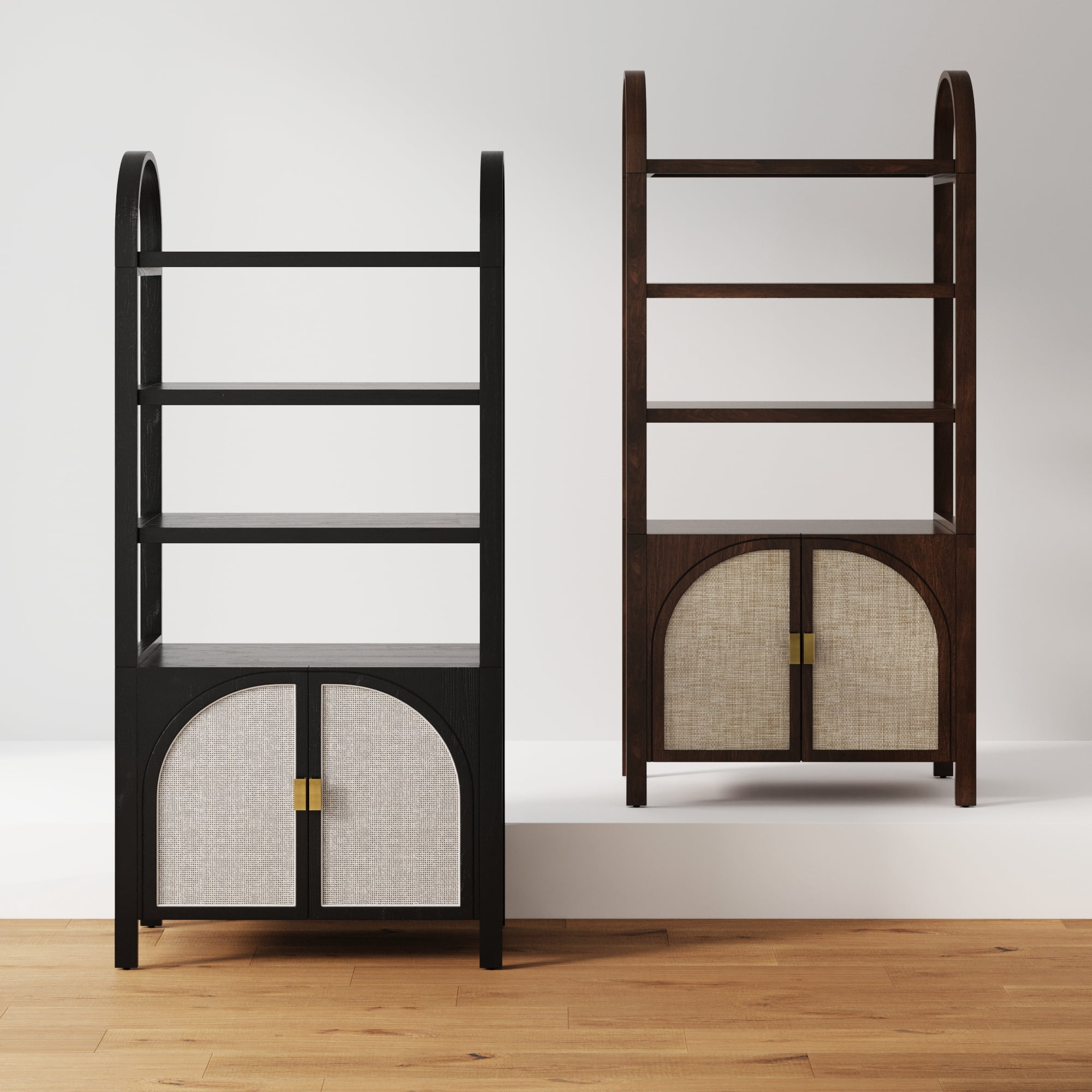 Nathan James Paxton Boho Bookshelf Cabinet with Solid Wood Frame Rattan Bookshelf with Cabinet Base, Arched Bookcase Cabinet for Living Room or Home Office, Dark Acacia