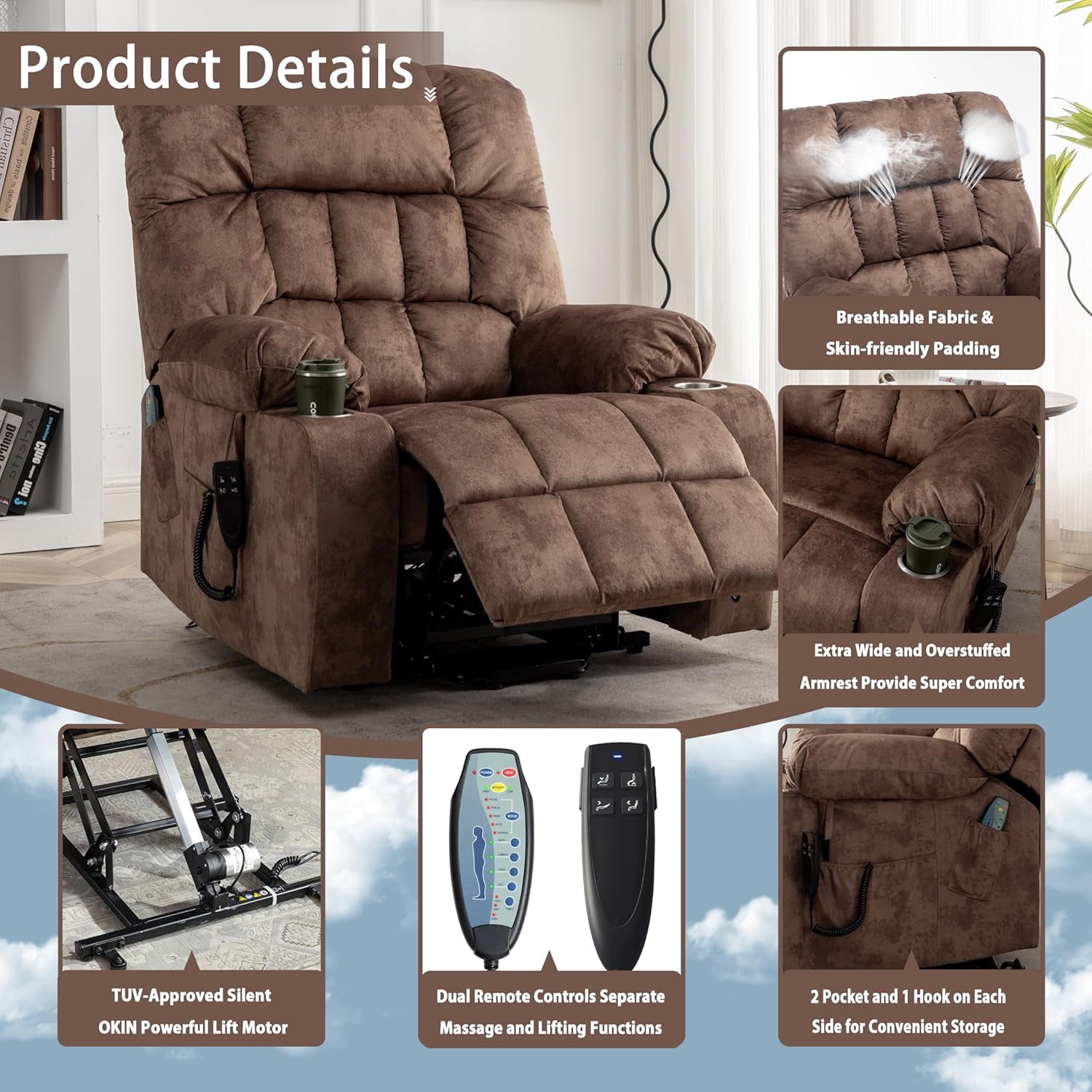 REHOUSING Adult Velvet Massaging and Heat Recliners with Cup Holders and Side Pockets, Brown