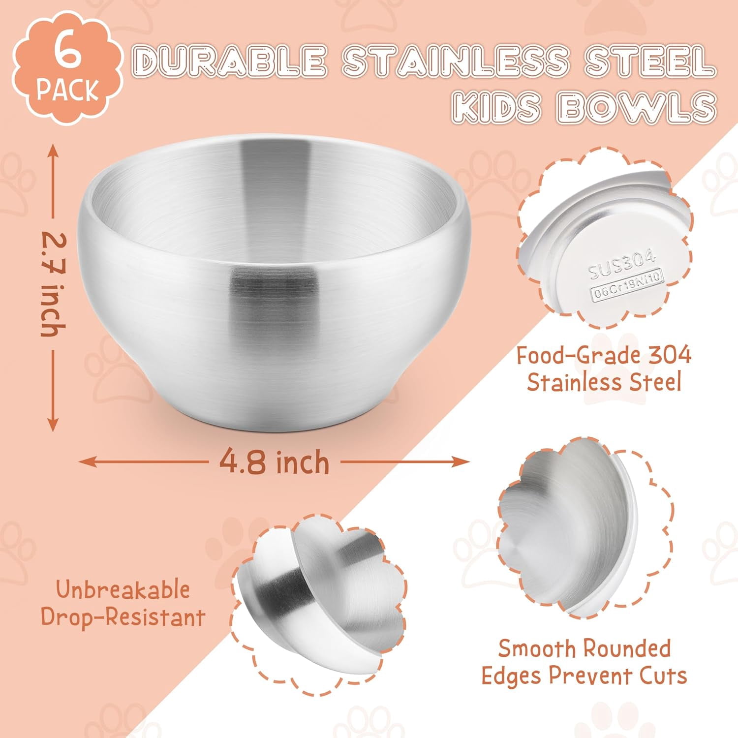Stainless Steel Bowls for Kids-6 Pack, 12OZ Double Walled Baby Toddler Bowls for Baby Food/Cereal/Snack, 18/10 Non-Toxic Metal & Unbreakable, Dishwasher Safe