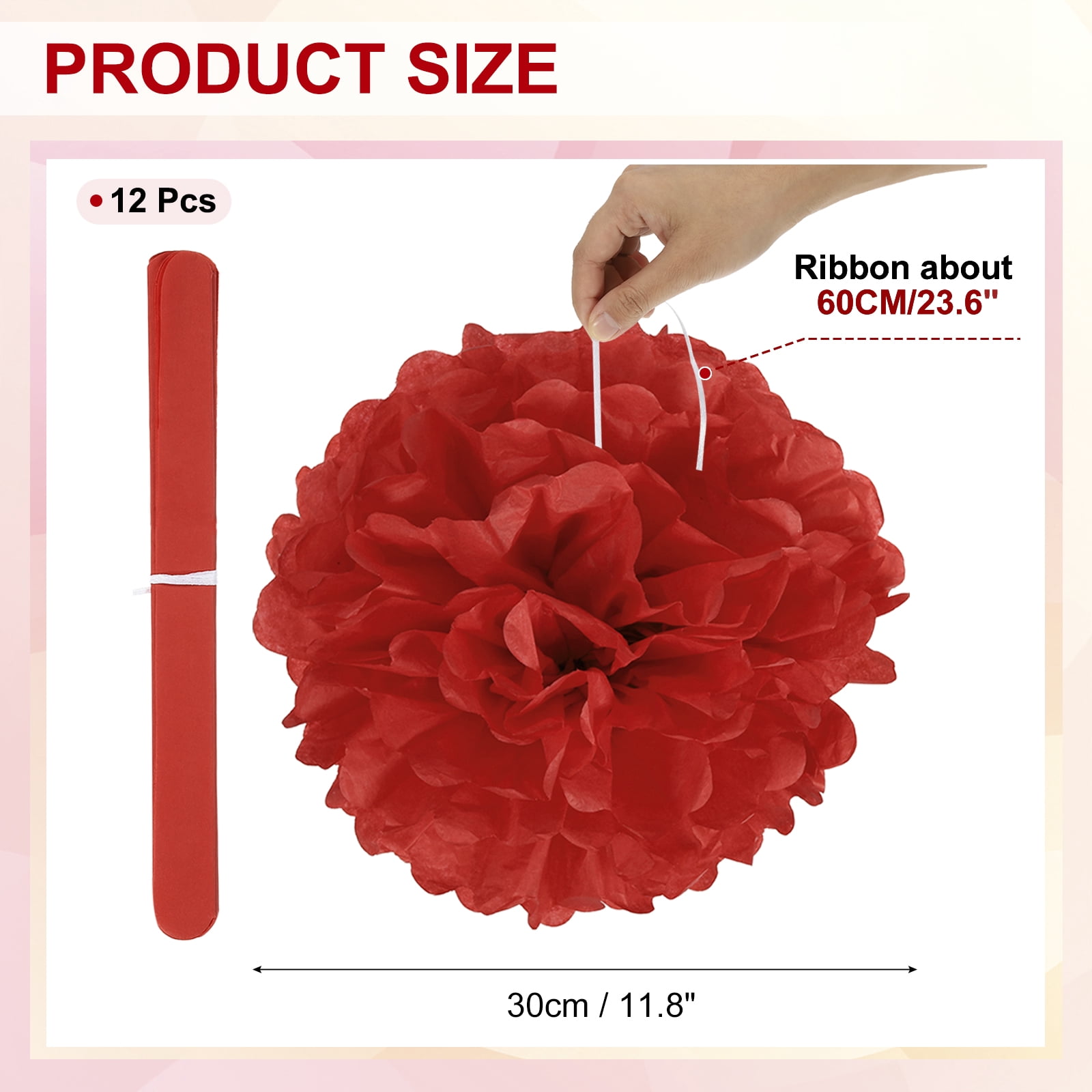 12inch Tissue Paper Pom Poms, 12PCS Pom Poms Paper Flowers Ball Tissue Paper Flowers for Wedding Bridal Shower Birthday Bachelorette Party Backdrop Decoration, Red