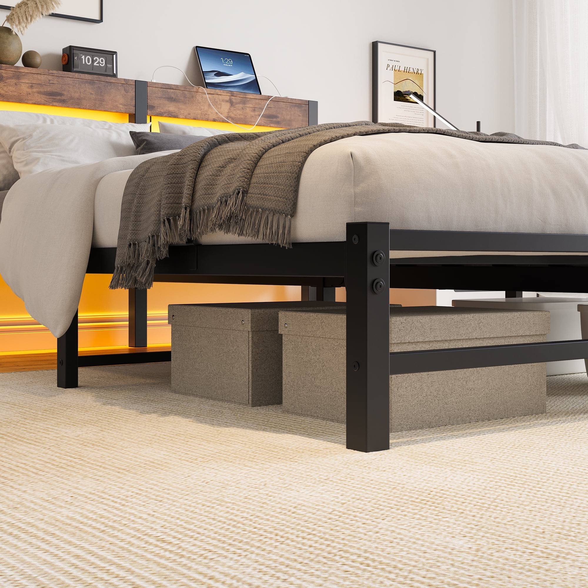 MAYEERTY Brown Queen Heavy Duty Bed: Headboard, USB Charging, LED Lighting, No Box Spring​